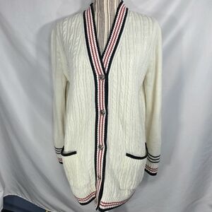Tommy Hilfiger White w/Red White Blue Edges VNeck Cable Knit Cardigan Size Large